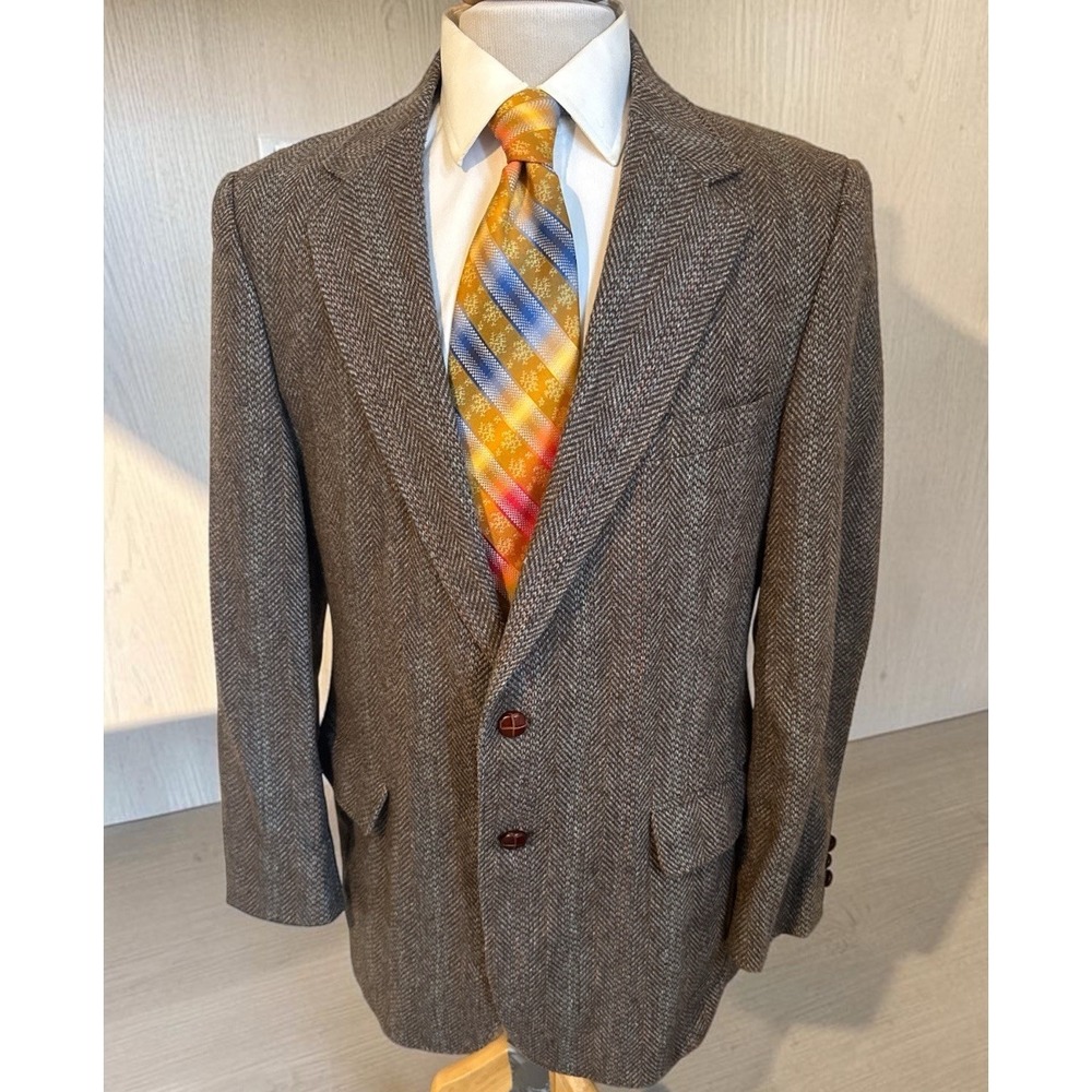 Vintage Austin Manor Tweed Brown Herringbone Donegal Blazer Jacket Mens 43R Wool